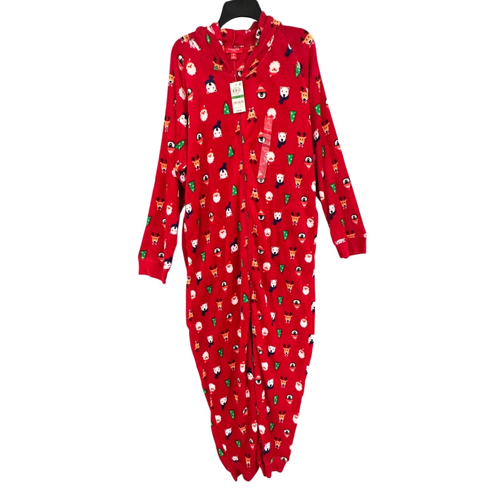 Family PJs One Piece Pajamas Men L Red New Holiday Santa Reindeer Fleece Hooded